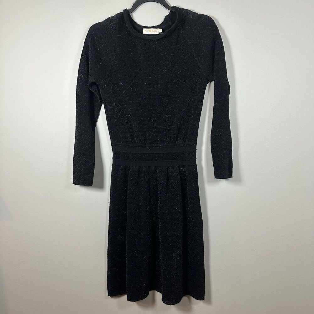 Tory Burch XSmall Black Metallic Sparkle Wool Blend‎ Long Sleeve Dress